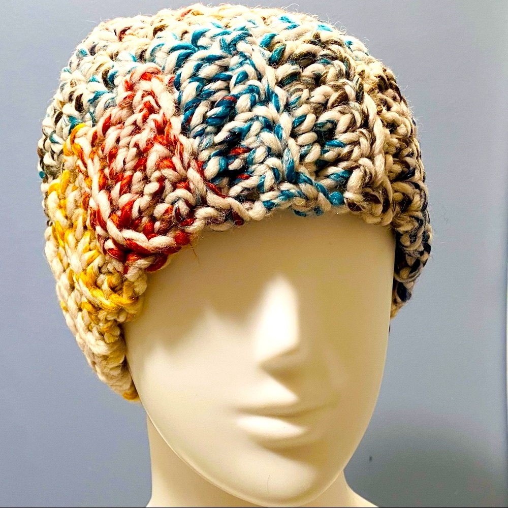 Handmade Rainbow knit messy bun beanie